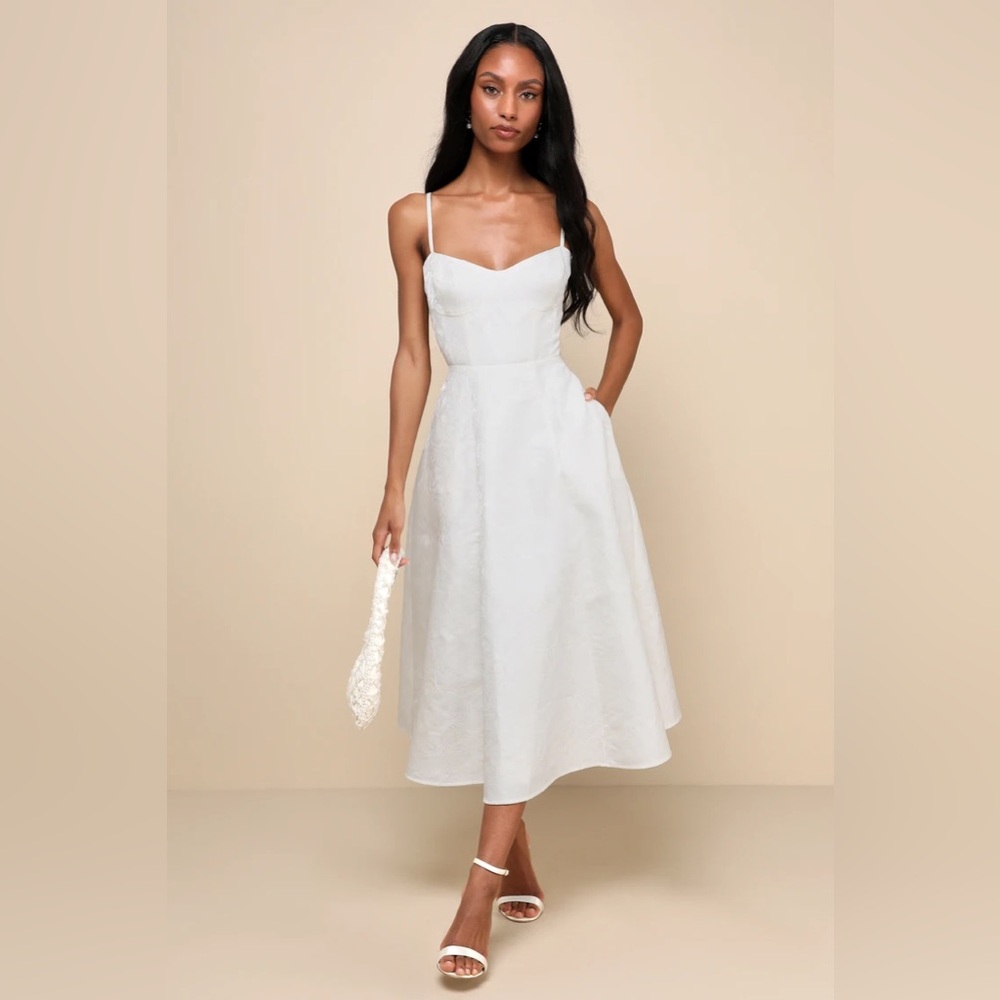 Lulu’s Meet for Tea White Jacquard Bustier Midi Dress With Pockets